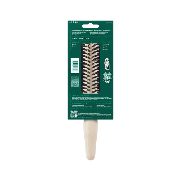 Volumizing round hair brush in retail packaging with light handle and black bristles