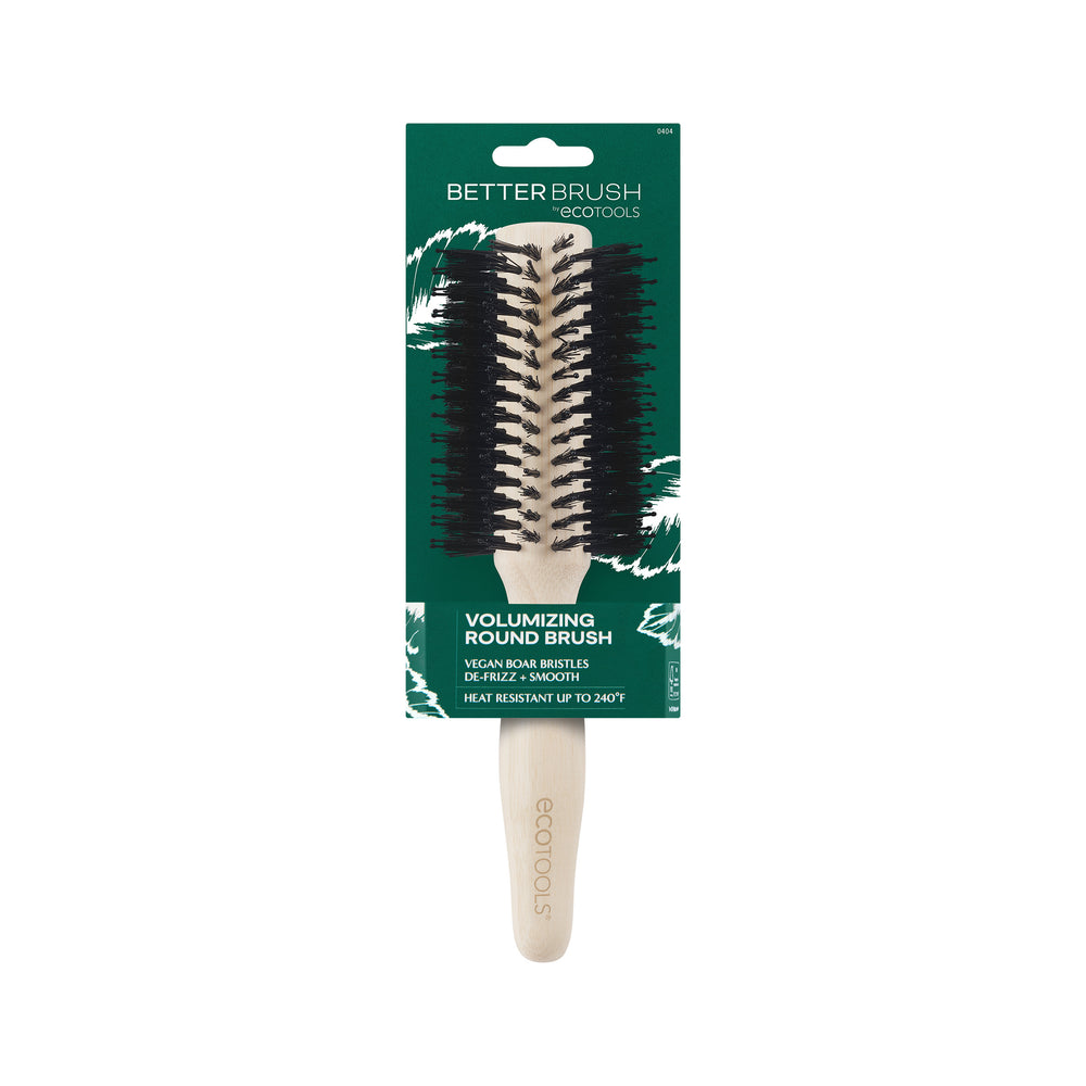 Volumizing round brush with light wooden handle, gold ferrule, and black bristle head