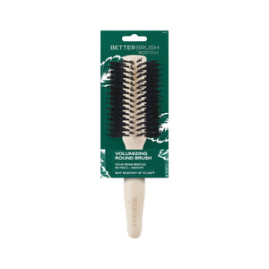 Volumizing round hair brush in a box package with light wooden handle and black bristles