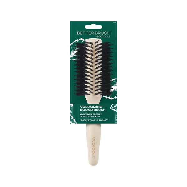 Volumizing round hair brush in a box package with light wooden handle and black bristles
