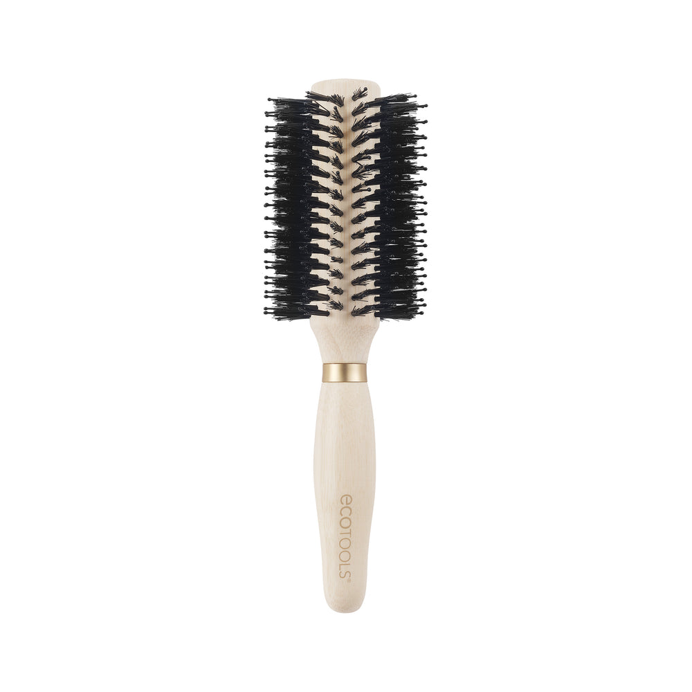Volumizing round brush with light wooden handle, gold ferrule, and black bristle head