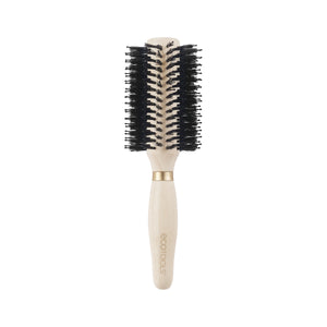 Volumizing round brush with light wooden handle, gold ferrule, and black bristle head