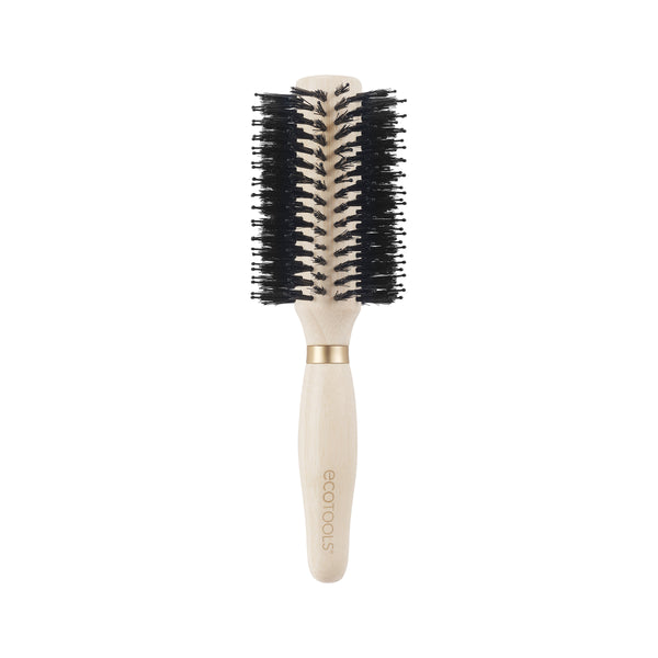 Volumizing round brush with light wooden handle, gold ferrule, and black bristle head