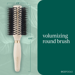 Volumizing round brush with light bamboo-style handle and two rows of black bristles
