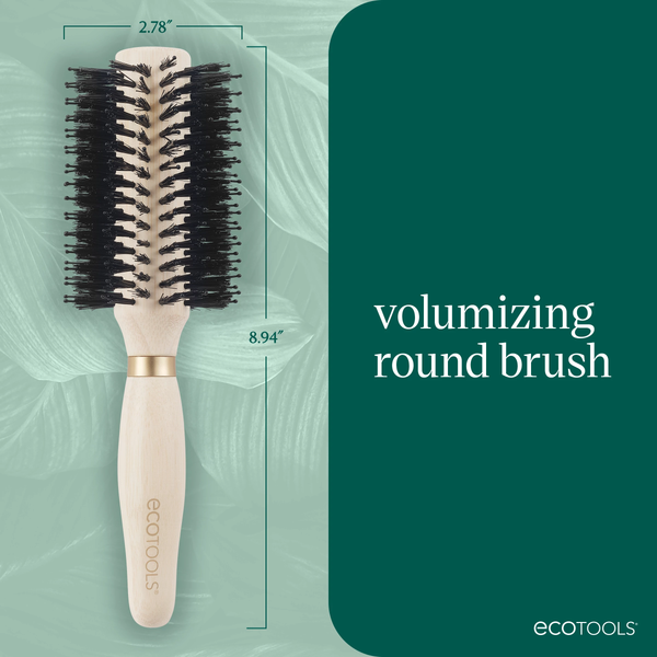 Volumizing round brush with light bamboo-style handle and two rows of black bristles