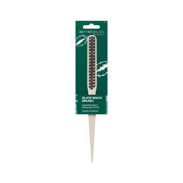 Slick back brush displayed on package with cream handle and black bristles