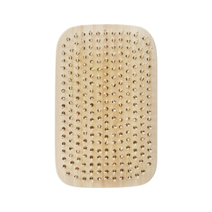 Light tan square detangling hair brush with dense round-tip bristles on bamboo backing