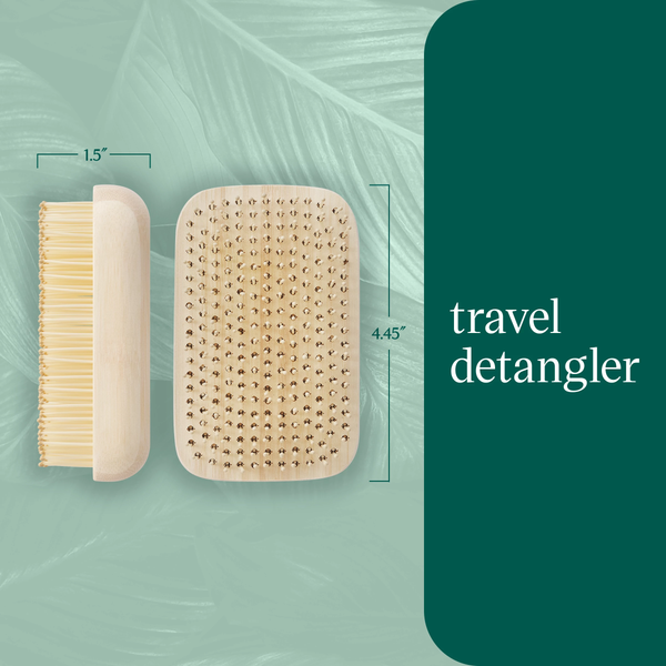 ecotools travel detangler packaging size diagram with brush front and side views