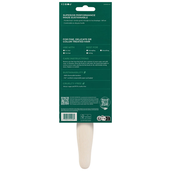 Fine hair detangler brush in green retail box with bamboo-handle design