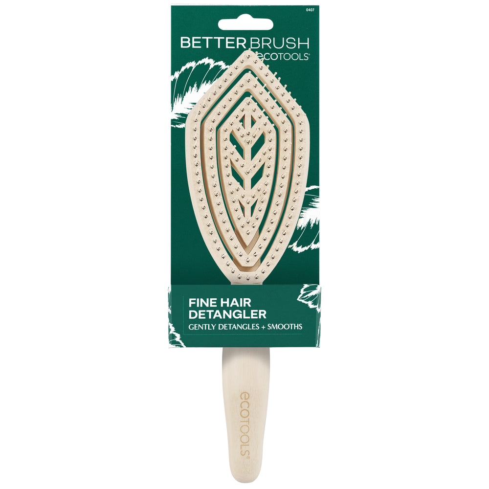 Fine hair detangler brush with light wood handle and square bristle pad, front view