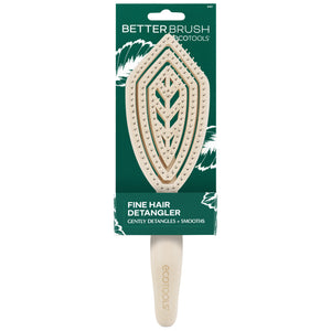 Fine hair detangler brush retail package, green and white, with visible handle end