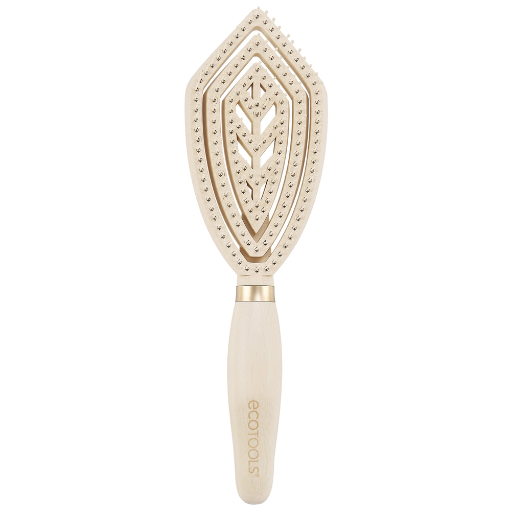 Fine hair detangler brush with light wood handle and square bristle pad, front view
