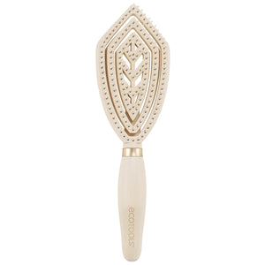 Fine hair detangler brush with light wood handle and square bristle pad, front view