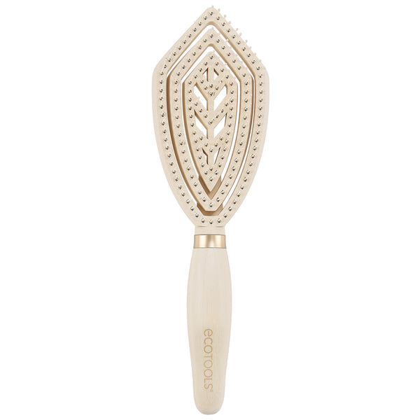 Fine hair detangler brush with light wood handle and square bristle pad, front view
