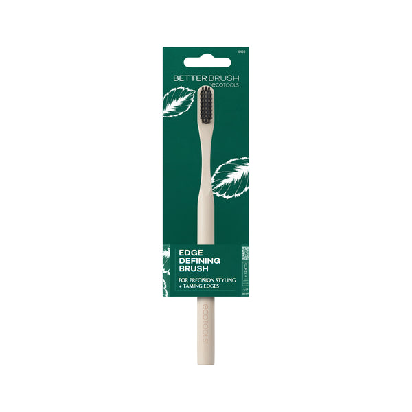 Edge defining brush in green retail package with bamboo handle and dark bristles