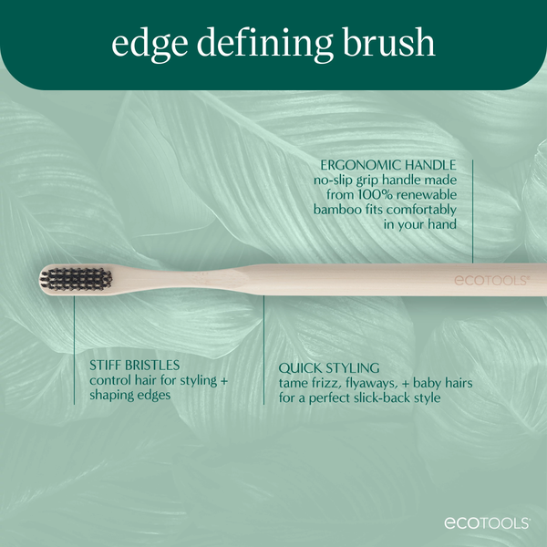 Edge defining brush with ergonomic grip handle and stiff dark bristles, side profile