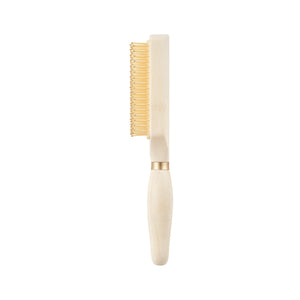 Light wood detangling hair brush with gold pins and cushioned base