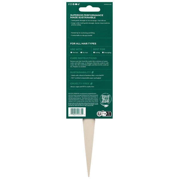 Back of retail box for double-sided comb, showing comb handle top