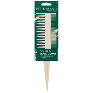 Double-sided comb in retail packaging with white comb handle visible