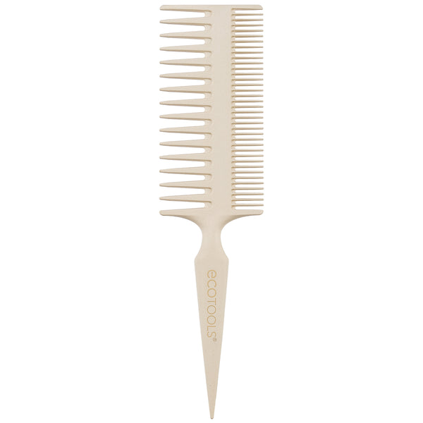 White double-sided hair comb with long teeth and short teeth along the head