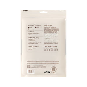 Tanning mitt package back showing usage instructions and care icon panel