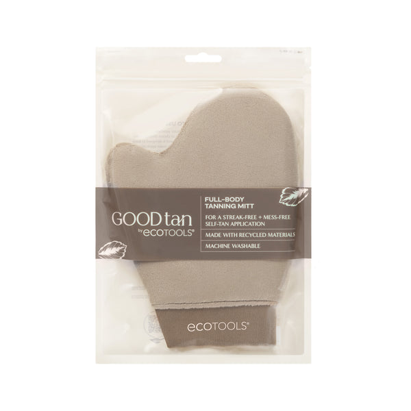 Full-body tanning mitt in sealed bag with product label and brand