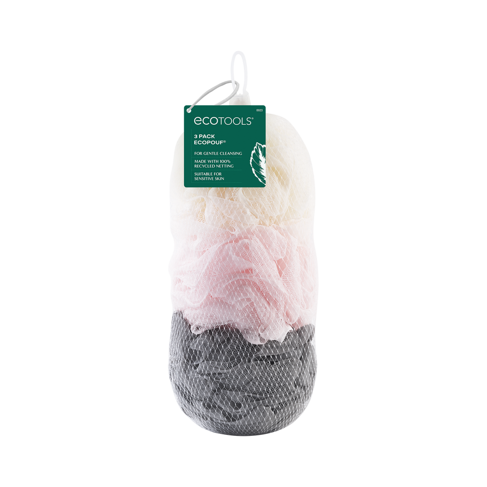 3-pack bath sponge loofahs, cream white, gray, and blush pink mesh flower scrubbers