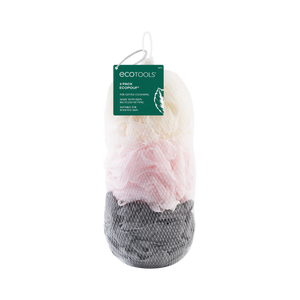 Packaged set of 3 bath sponge loofahs in net pouch, pink and gray loofahs
