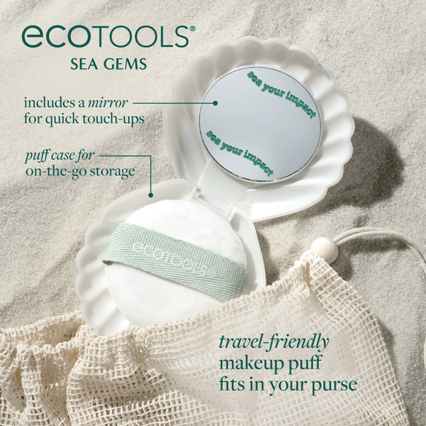 Scalloped white shell puff case with mint-banded puff and round mirror compact