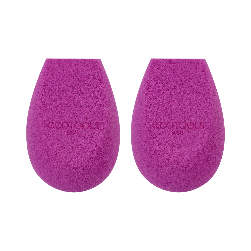Purple teardrop makeup sponge duo with ecotools logo on each textured sponge