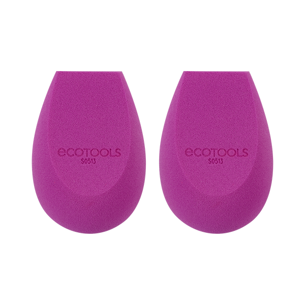 Purple teardrop makeup sponge duo with ecotools logo on each textured sponge