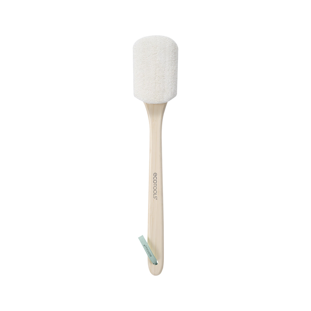 Loofah brush with white oval scrub head and natural wood handle