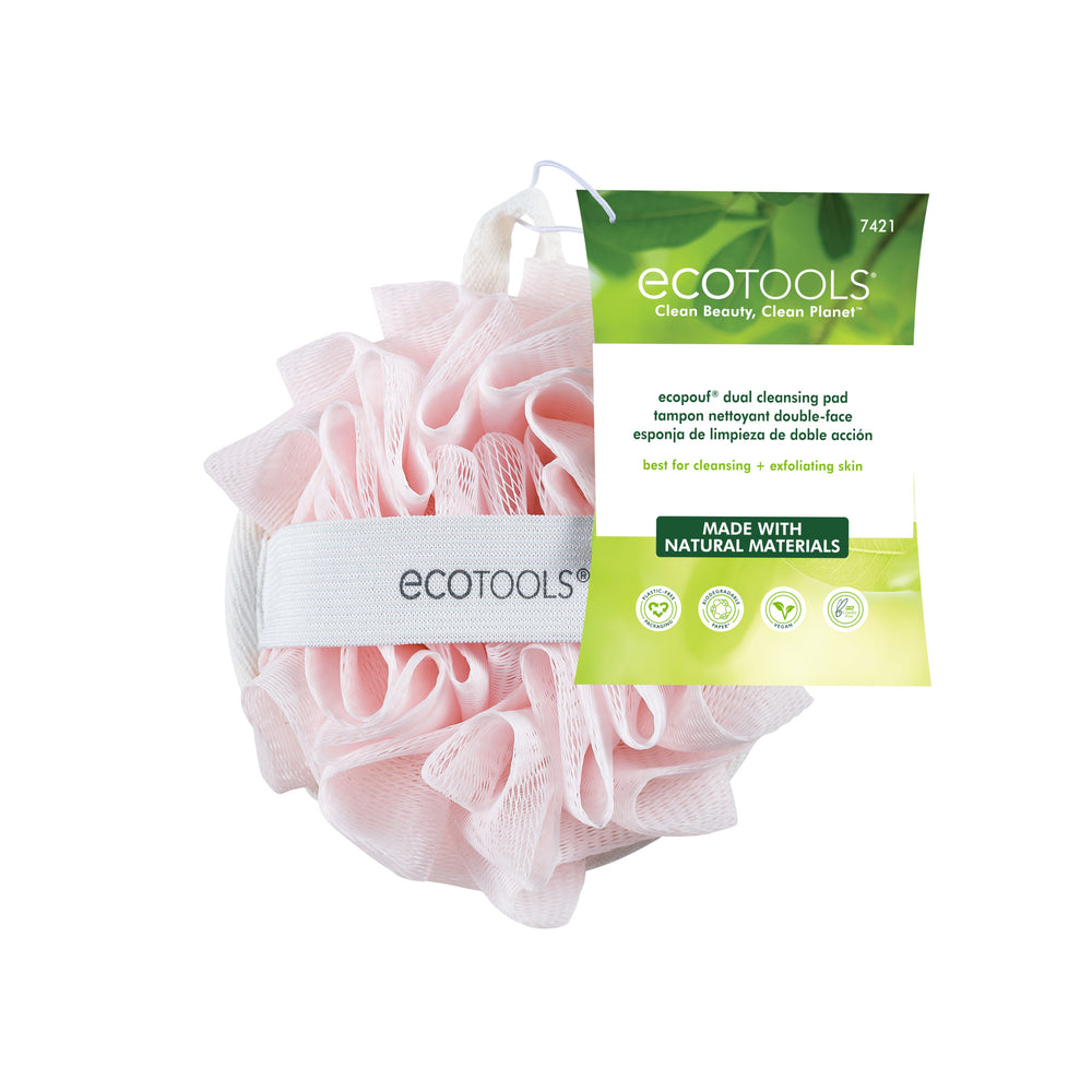 Pink dual cleansing pad with fluffy loofah mesh, round shape, and hanging loop.