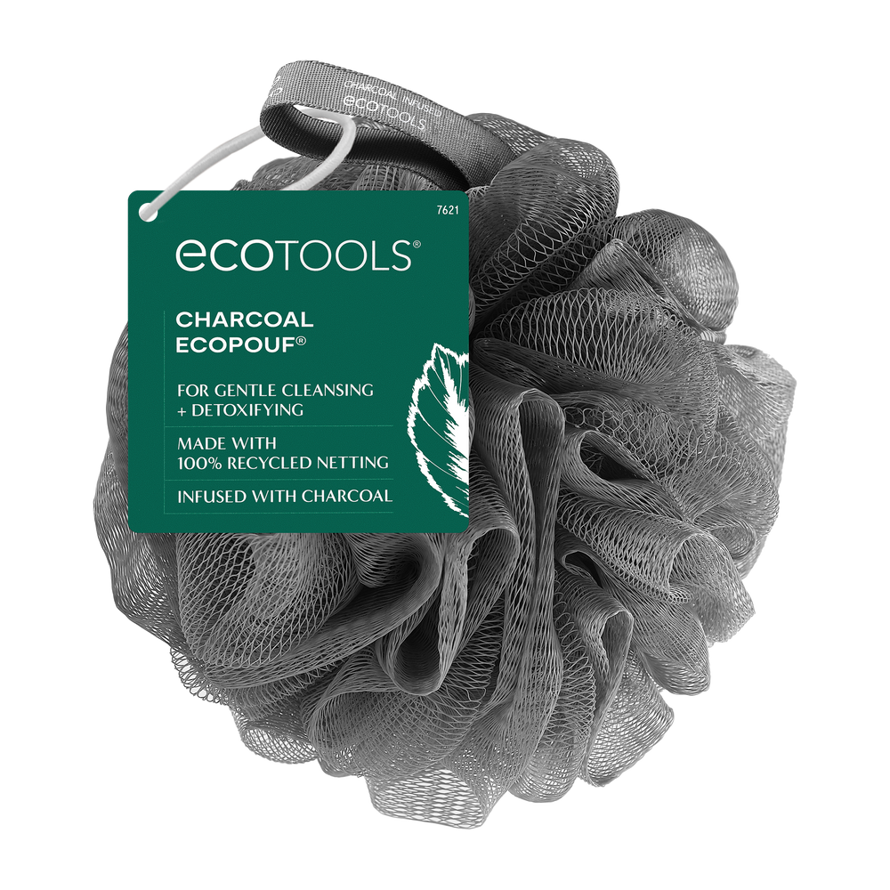 Charcoal bath sponge pouf with soft dark gray mesh texture and loop