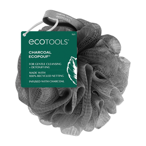 Charcoal EcoPouf bath sponge with green box tag, dark gray mesh puff
