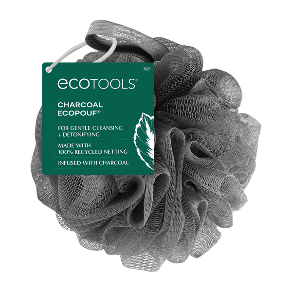 Charcoal EcoPouf bath sponge with green box tag, dark gray mesh puff