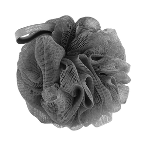 Charcoal bath sponge pouf with soft dark gray mesh texture and loop