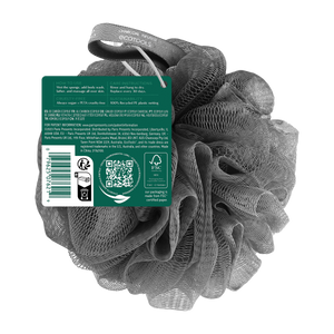 Charcoal bath sponge pouf with attached tag, dark gray mesh puff