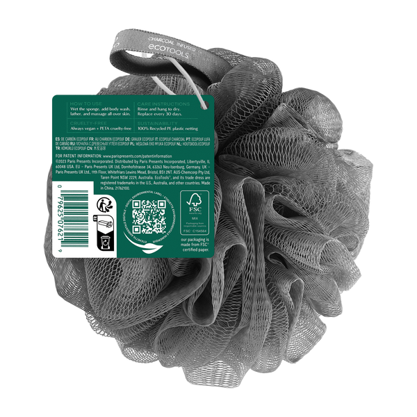 Charcoal bath sponge pouf with attached tag, dark gray mesh puff