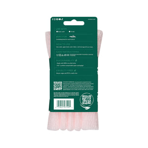 Pink exfoliating bath cloth shown on retail card packaging