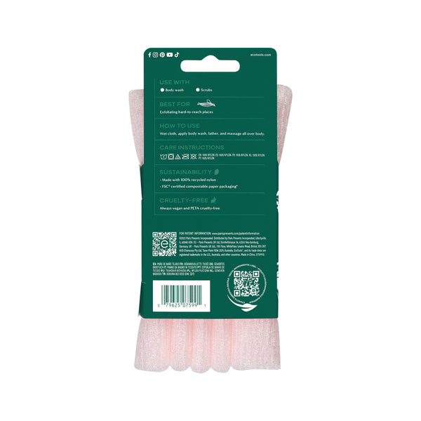 Pink exfoliating bath cloth shown on retail card packaging