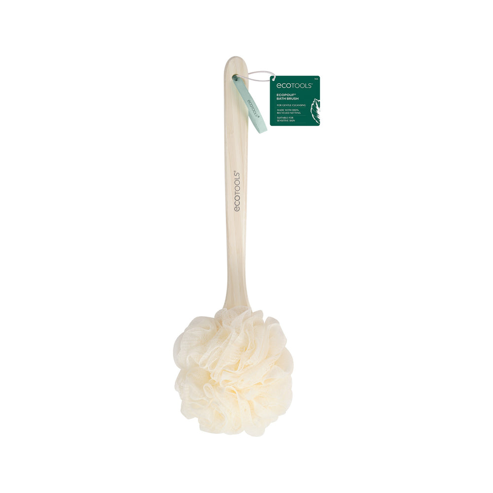 Ivory bath brush with ruffled flower head and bamboo handle, brand on handle