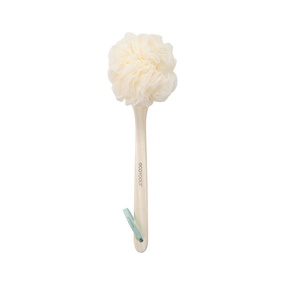 Ivory bath brush with ruffled flower head and bamboo handle, brand on handle