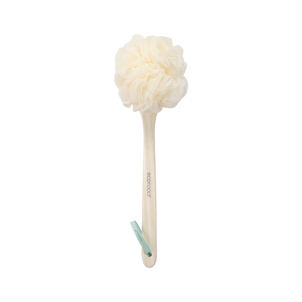 Ivory bath brush with ruffled flower head and bamboo handle, brand on handle