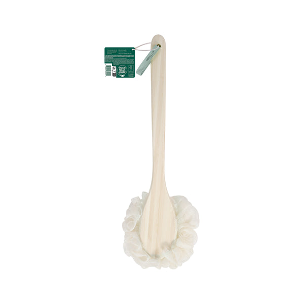 Ivory bath brush with ruffled flower head, bamboo handle, and hanging tag