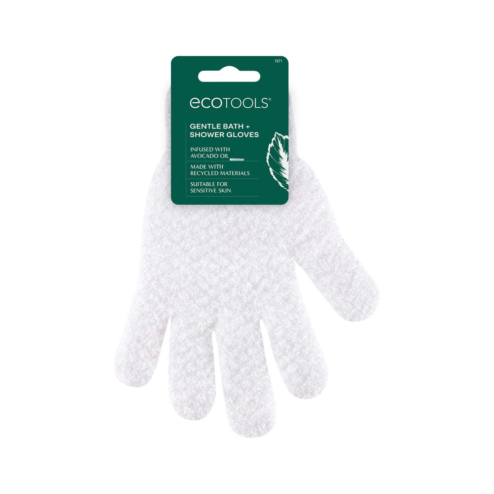 Pair of white scrubbing shower gloves with green cuff, clean product-only view.