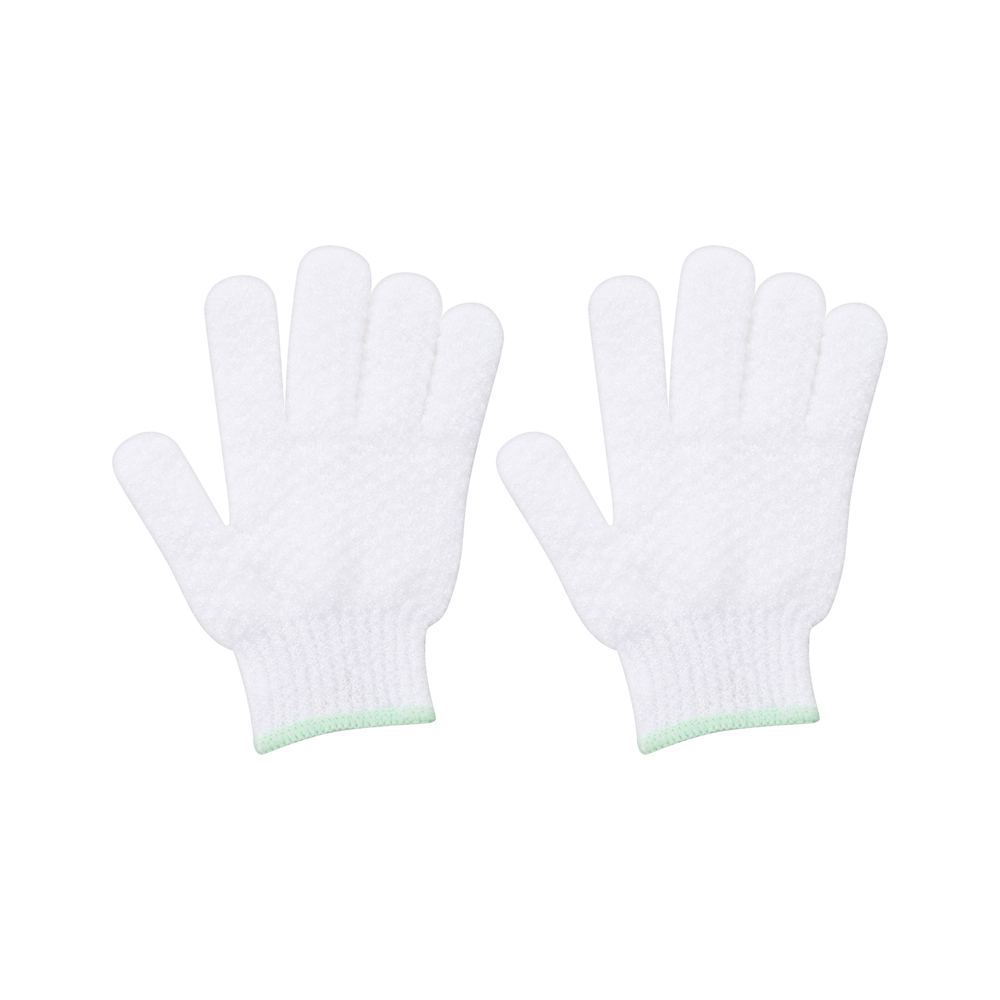 Pair of white scrubbing shower gloves with green cuff, clean product-only view.