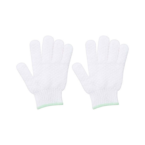 Pair of white scrubbing shower gloves with green cuff, clean product-only view.