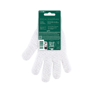 Single white shower glove with green cuff, front view on packaging card.