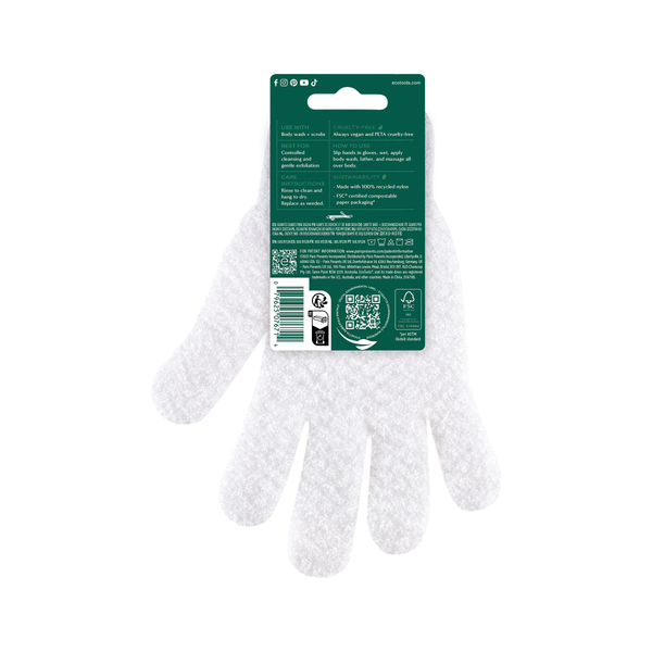 Single white shower glove with green cuff, front view on packaging card.